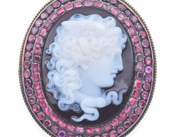 Antique Silver and Gold Agate Cameo & Tourmaline Medusa Brooch Pin Pendant