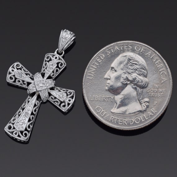 Estate 14K White Gold Diamond Filigree Cross Pend… - image 4