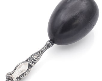 Antique Sterling Silver & Ebony Stitching Egg 5.5 x 1.9 Inches