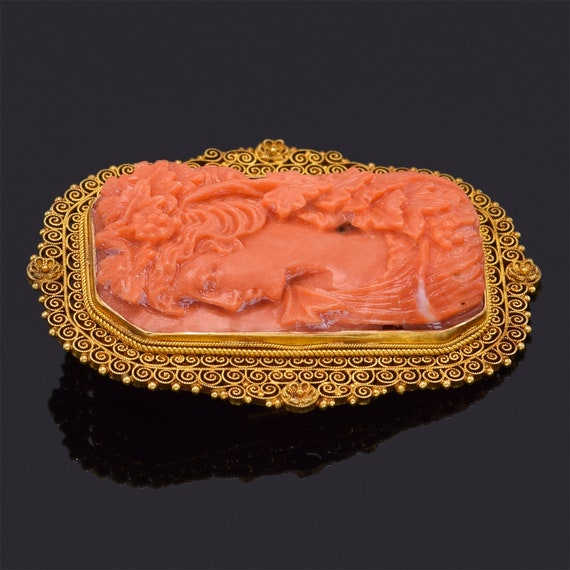 Antique 18K Yellow Gold Red Coral Cameo Brooch Pi… - image 5