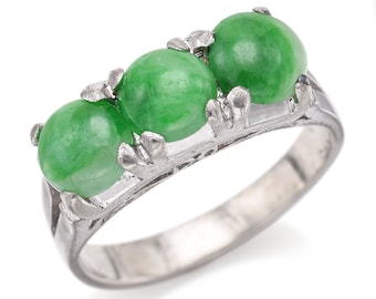 Vintage Sterling Silver Green Jade Three-Stone Band Ring