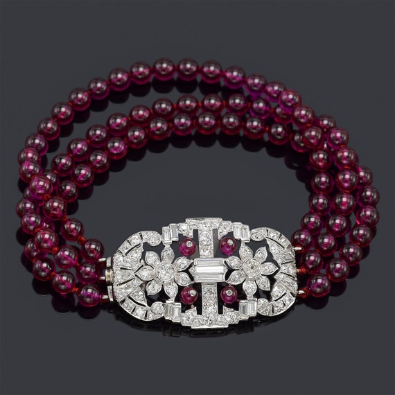 Antique Platinum Ruby & 3.85 TCW Diamond Art Deco… - image 1