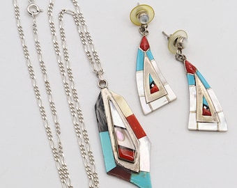 Zuni Southwestern RC, juego de aretes y colgante de varias piedras de plata de ley con firma I