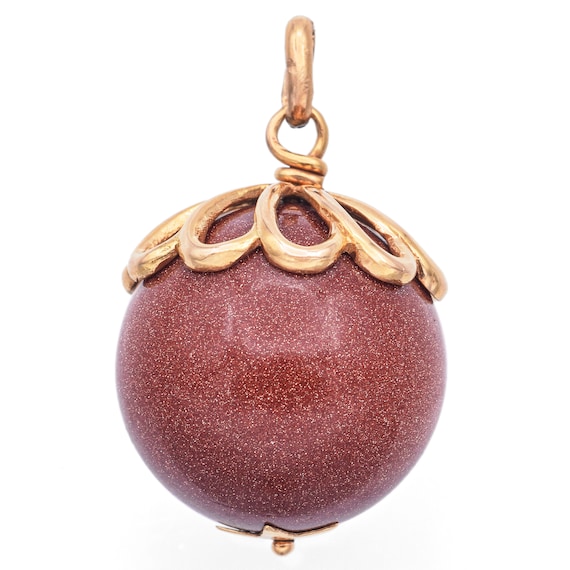 Vintage 18K Yellow Gold Goldstone Round Ball Pend… - image 1