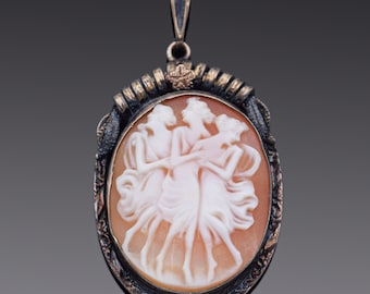 Vintage AMCO 1/20 10K Sterling Silver Three Graces Cameo Shell Locket Pendant