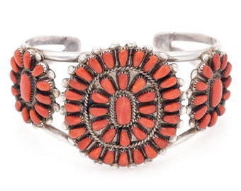 Vintage Marie Donna Besselente Zuni Sterling Silver Red Coral Cuff Bracelet