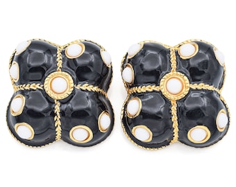 Vintage LES BERNARD Lucite Gold Plated Black Enamel Clip-On Earrings