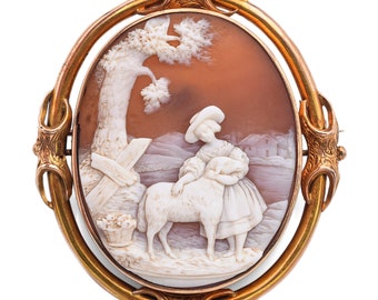 Antique Yellow Gold Cameo Shell Lady & Dog Cross Landscape Brooch Pin