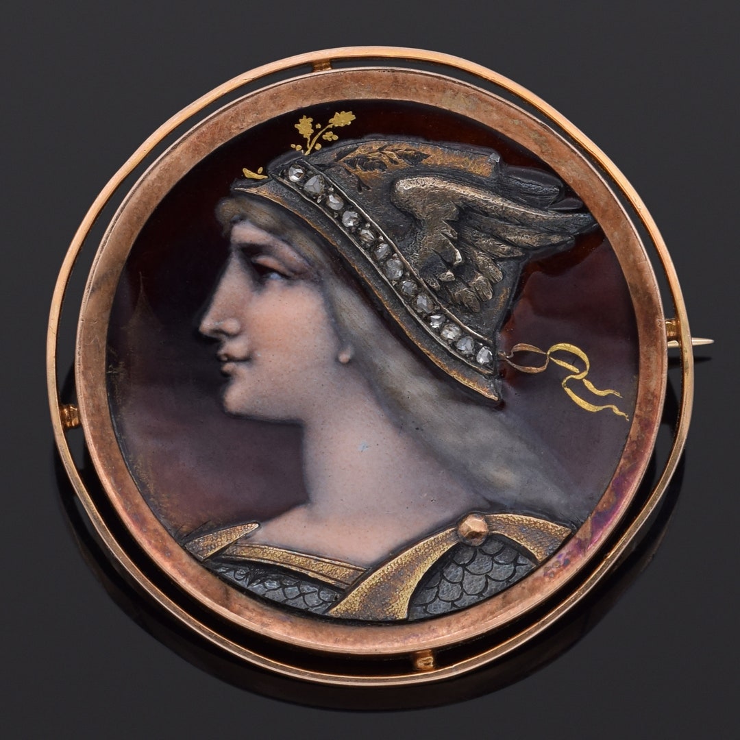 Antique 18K Yellow Gold Diamond Enamel Athena Round Brooch Pin - Etsy