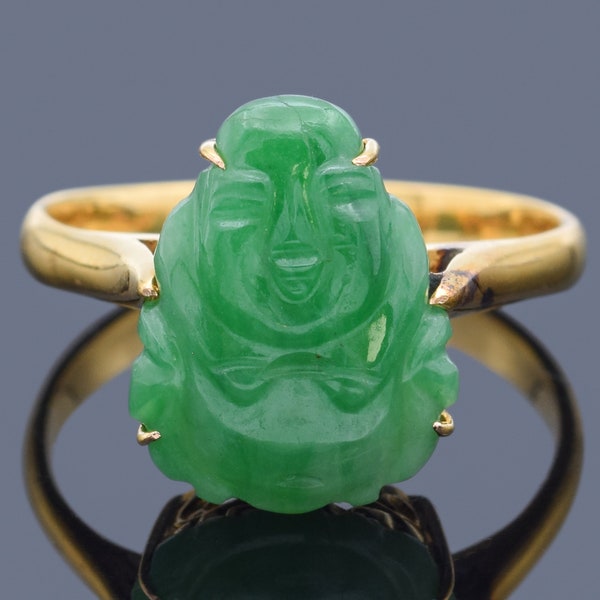 Vintage Green Jade 18K Yellow Gold Carved Buddha Band Ring Size 5.5