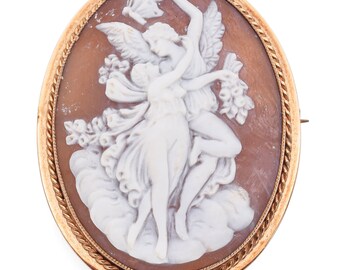 Antique 9K Rose Gold Cameo Shell Cupid & Psyche Brooch Pin