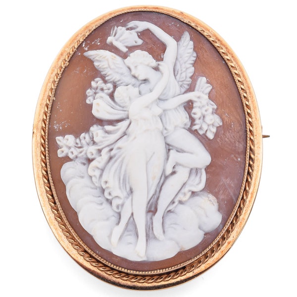 Antique 9K Rose Gold Cameo Shell Cupid & Psyche Brooch Pin