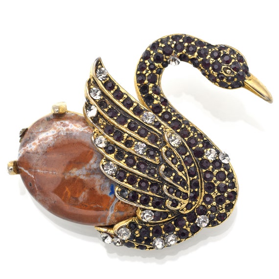 Vintage Vogue Jasper & Crystal Swan Brooch Pin