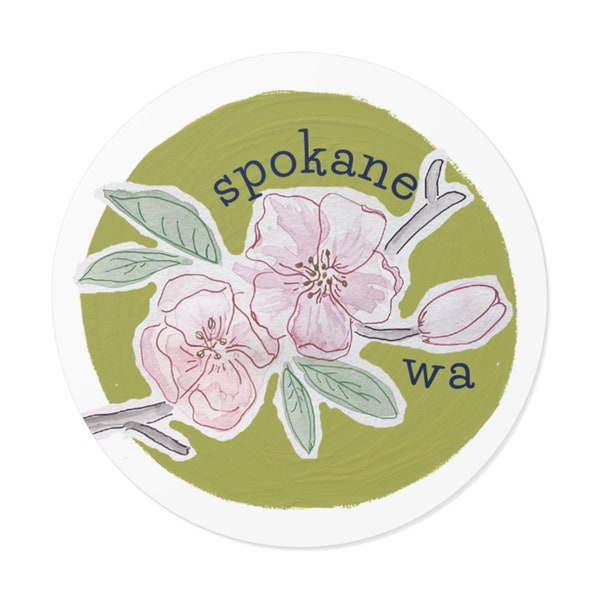 Spokane (Etats-Unis) | autocollants ronds en vinyle | Fleurs de pommier sur fond vert vif