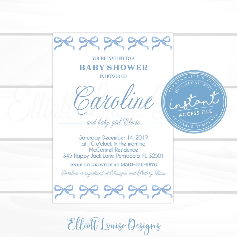 Vintage Bow Invitation Blue Bow Virtual Shower Boy Baby Shower Invitation Instant Access Editable Watercolor Bow Invite