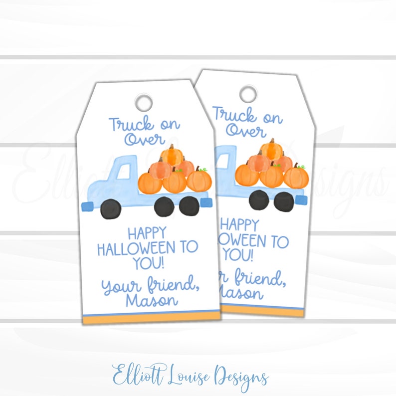 Halloween Blue Pumpkin Truck Favor Tag EDITABLE Halloween Favor Tag Instant Access Halloween Truck on Over Favor Tag Halloween Kids Tag