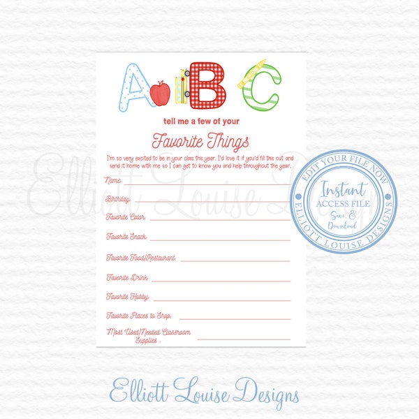 School Favorite Things , Back to School Questionnaire, Teacher Getting to Know You School Printable, Teacher Favorite Things, Instant Access