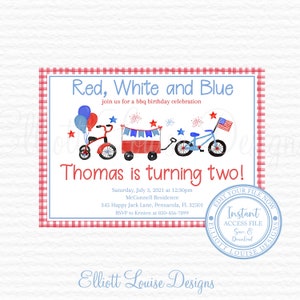 4th of July Invitation, Red White Two 4th July Invite, Editable Firecracker Watercolor Boy Invite, Stars and Stripes, Instant Access