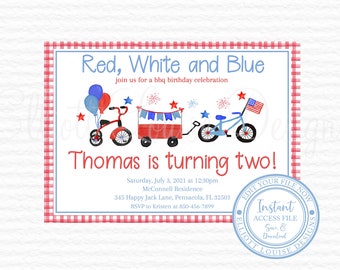 4th of July Invitation, Red White Two 4th July Invite, Editable Firecracker Watercolor Boy Invite, Stars and Stripes, Instant Access