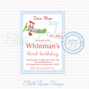 Boy Birthday Invitation, Plane Birthday Invitation, Airplane Boy Invitation, Time Flies Airpllane First Birthday, Instant Access