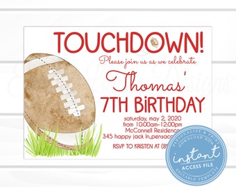 Football Birthday Invitation, Football Birthday Party Invitation, Editable Watercolor Football Invite, Touchdown Invite, Instant Access