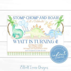 Dinosaur Birthday Invite, Dinosaur Birthday Party Invite, Editable Watercolor Dinosaur Party Invite, Stomp Chomp and Roar, Instant Access