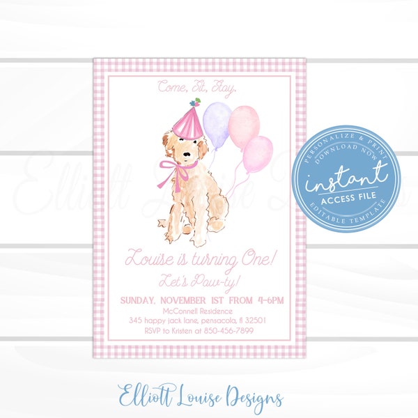 Girl Puppy Invitation, Girl Puppy Party Birthday Invitation, Editable Puppy Dog Invitation, Come Sit Stay Puppy Dog Invite, Instant Access