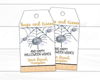EDITABLE Halloween Favor Tag, Halloween Bugs and Kisses Favor Tag, Halloween Spider Kids Tag, Halloween Bugs Kisses Kids Tag, Instant Access