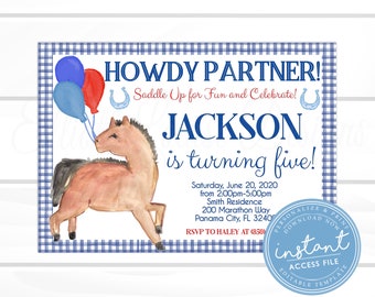 Horse Birthday Invitation, Saddle On Up Party Invite, Editable Watercolor Horse Birthday Invite, Boy Howdy Partner Horse, Instant Access