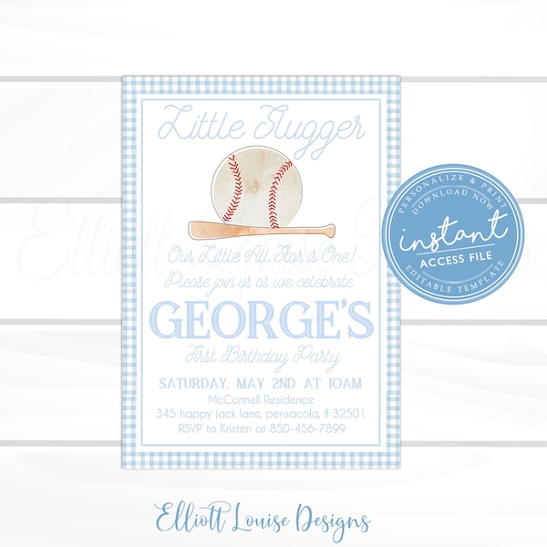 Baseball Birthday Invitation, Editable Watercolor Baseball Party Invitation, Baseball Little Slugger Birthday Party, Instant Access