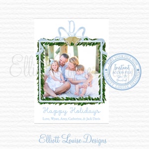 Christmas Card, Editable Holiday Card, Watercolor Christmas Card, Blue Trellis Wreath Christmas Card, Wreath Christmas Card, Instant Access