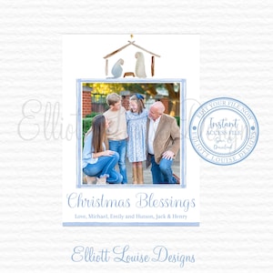 Christmas Card, Editable Holiday Card, Watercolor Christmas Card, Blue Nativity Christmas Card, Nativity Holiday Card, Instant Access