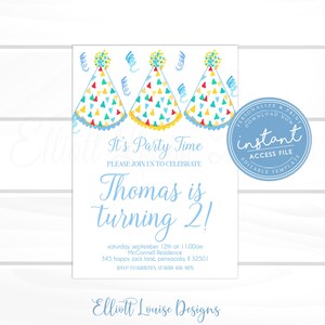 Boy Birthday Invitation, Boy Blue Party Hat Invite, Editable Blue & White Watercolor Boy Party Hat Invite, Virtual Party, Instant Access