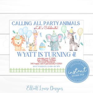 Boy Birthday Invitation, Boy Party Animals Invite, Editable Party Animals, Watercolor Zoo Animals Invite, Virtual Party, Instant Access