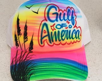 Airbrushed "BeachGrass" Beach Scene White Trucker Hat / Customized / Add Your Name /