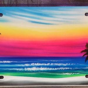 Beach Scene, Palm Trees, Airbrushed, License plate, Car Tag