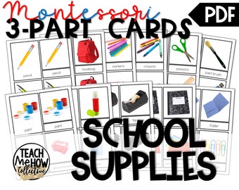Flashcards schoolbenodigdheden, driedelige montessorikaarten (digitale download)