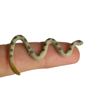 May include: A miniature beige snake figurine with a textured, scaly surface and dark gray, diamond-shaped markings along its back. The small, slender reptile is depicted in a winding, S-shaped pose, showcasing detailed scales and a defined head shape.