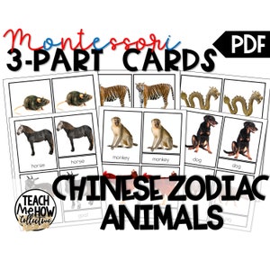 ANIMALES DEL ZODIACO CHINO, Tarjetas fotográficas navideñas, Año Nuevo Chino/Lunar, Estudios Culturales, Tarjetas estilo Montessori de 3 partes, Vocabulario