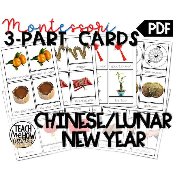 CHINESE NEW YEAR, Lunar New Year, Holiday Photo Flashcards, Cultural Studies, Montessori Style 3 Part Cards, Vocabulary