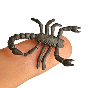 May include: A small, dark brown plastic scorpion figurine featuring a segmented body, eight legs, two front pincers, and a curved tail with a stinger at the end. The surface of the scorpion has a textured appearance with visible molded details.