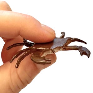 May include: A small, dark brown crab figurine with a smooth, glossy finish. The crab features a wide, flat carapace, multiple articulated legs extending from the sides, and two prominent front claws held in a forward-facing position.