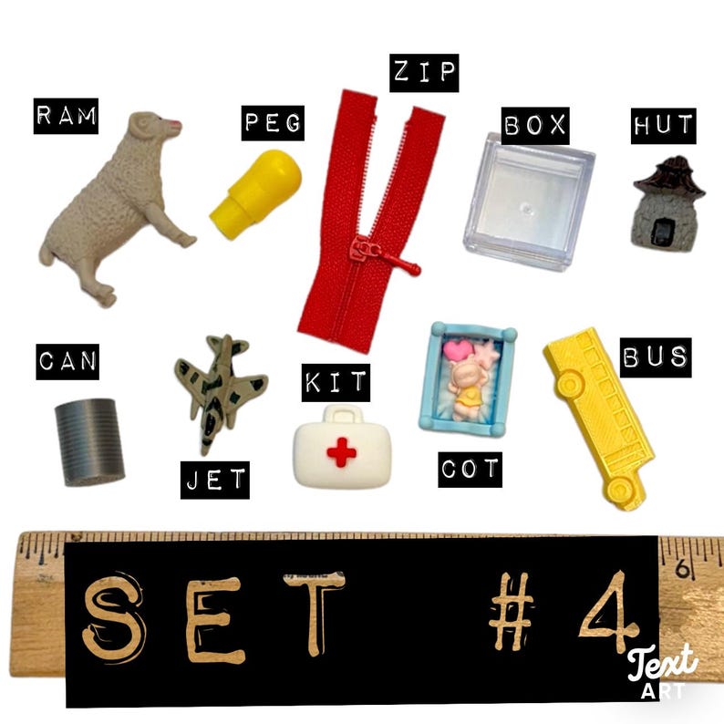 May include: A collection of miniature objects including a beige ram, yellow peg, red zip, clear box, grey hut, grey can, grey jet, white first aid kit with a red cross, blue cot with a figure, and yellow bus, displayed with a 6-inch ruler.