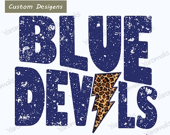 Custom Distressed Blue Devils Lightning Bolt Leopard Game Day Digital Design Png For T-shirts. Distressed Blue Devil Mascot png