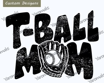 T-Ball Png.Distressed Black Game Day Tee Ball MOM Design de sublimação digital Png para camisetas. luva e bola de beisebol