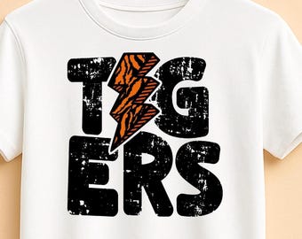Tigers Team Mascot PNG, Lightning Bolt Distressed Digital Design for Shirts, School Spirit Sublimation Clipart