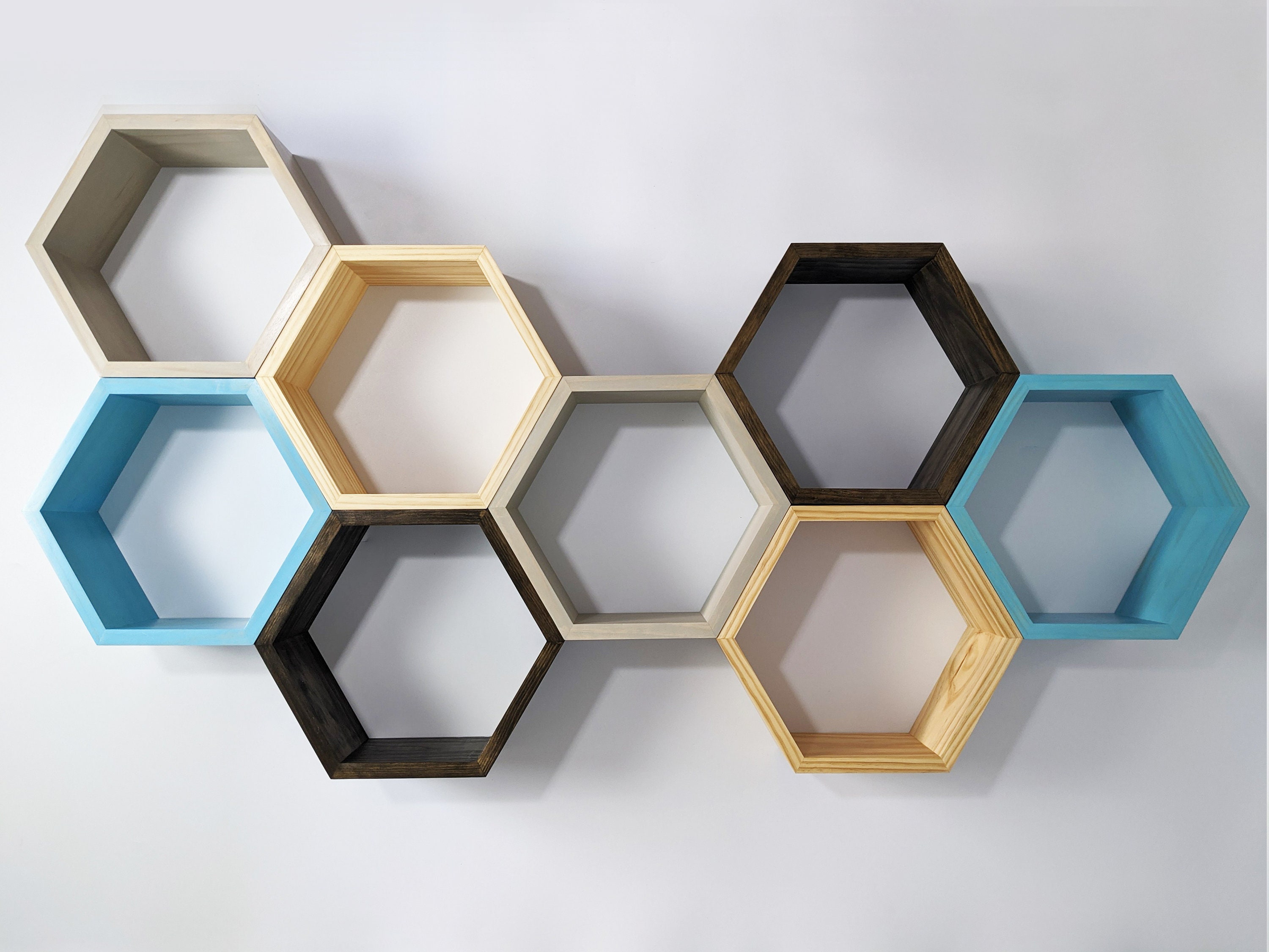 Rivet modern hexagon honeycomb floating wall shelf cheap unit with glass shelves