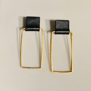 Metal Rectangles Leather Earrings - The Stephanie Earring - Black Leather, Brass Rectangles, Ultra-lightweight, Hypoallergenic Earrings