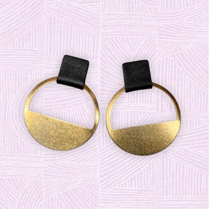 Leather Metal Half Moon Hoops - The Leslie Earring - Black Leather, Brass Hoops, Lightweight, Hypoallergenic Earrings