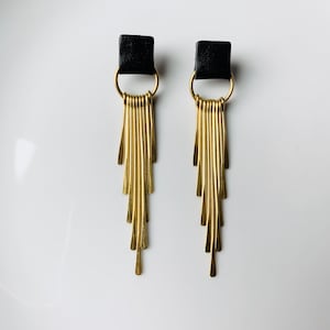 Leather Metal Fringe Earrings - The Karen Earring - Black Leather, Brass Fringe, Lightweight, Hypoallergenic Earrings